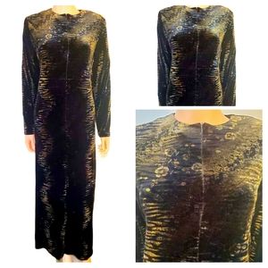 #F 70s j'adiro Vintage Velvet Dress Medium Flore Length Women's Black Gold